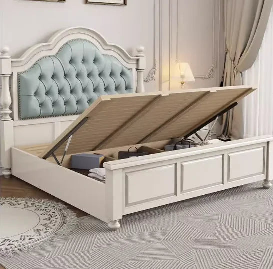 lit double blanc tête capitonnée coffre intégré élégant classique chambre coucher matériaux bois motifs