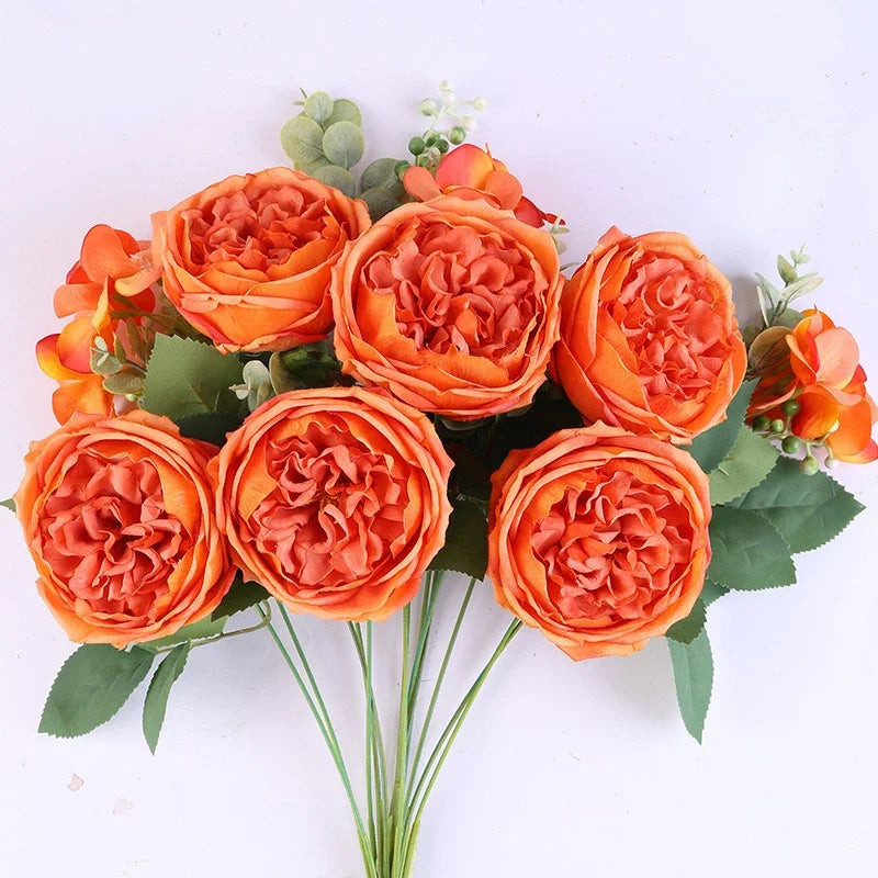 bouquet fleurs artificielles roses naturelles décoration mariage anniversaire intérieur 50cm 13 têtes soie