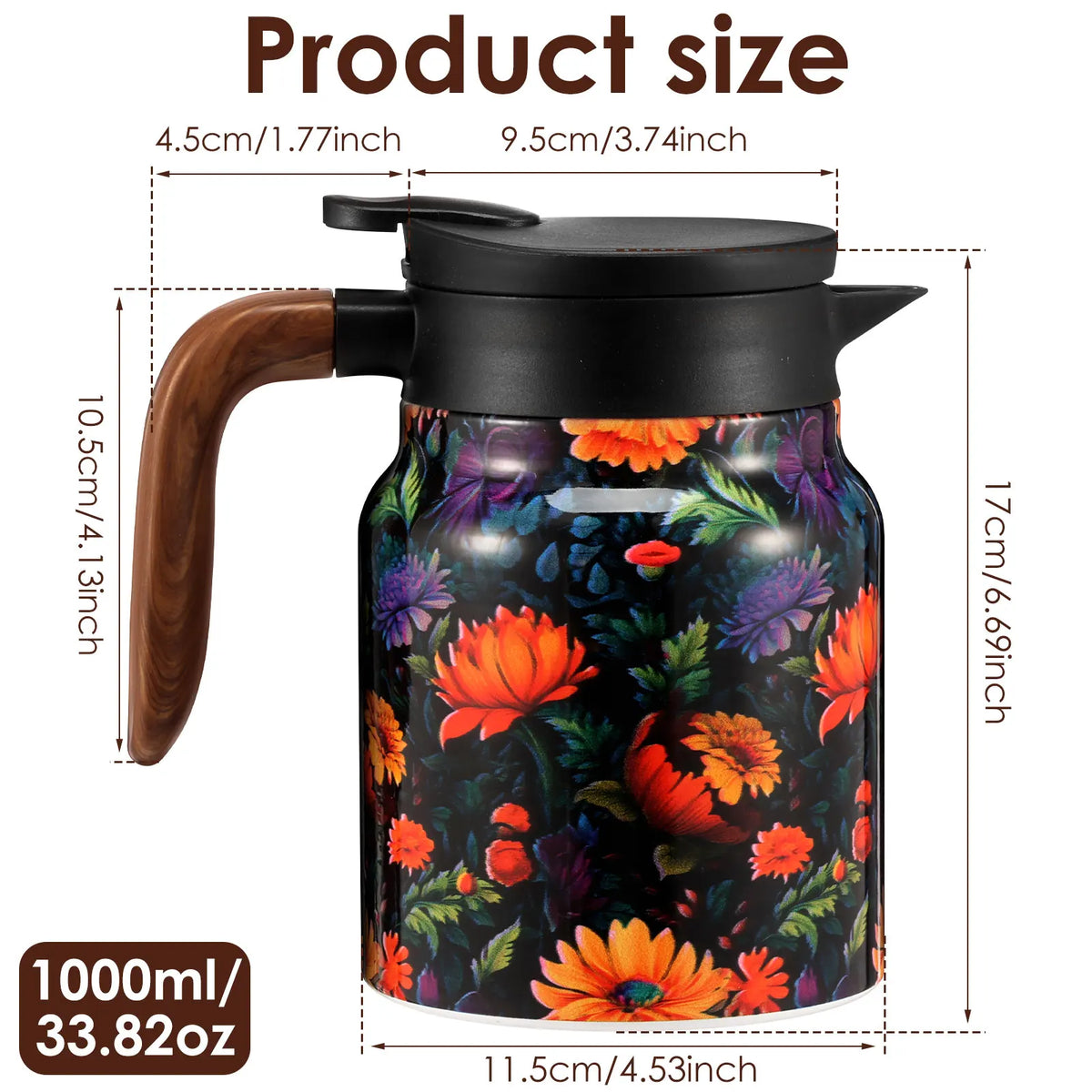 théière thermique acier inoxydable fleurs vintage poignée bois tasse assiette plateau