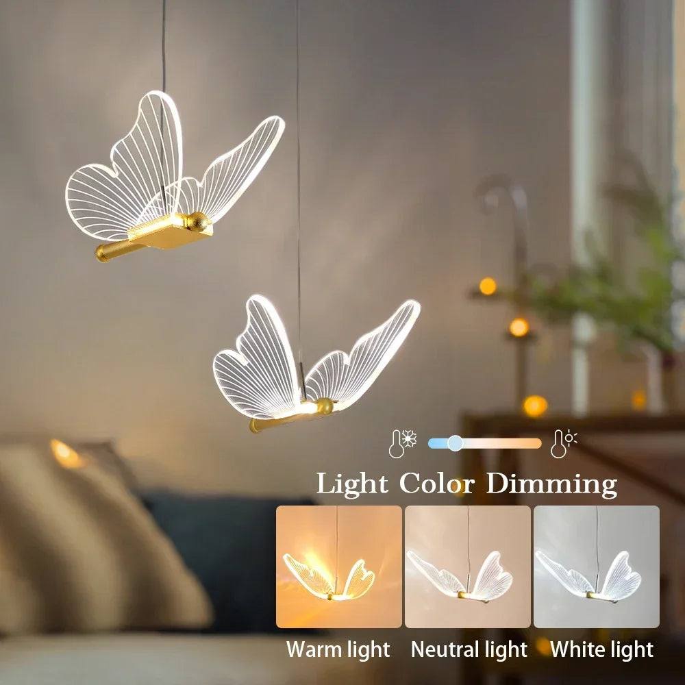 suspension lumineuse moderne or papillon translucide salon chambre étude hall double têtes