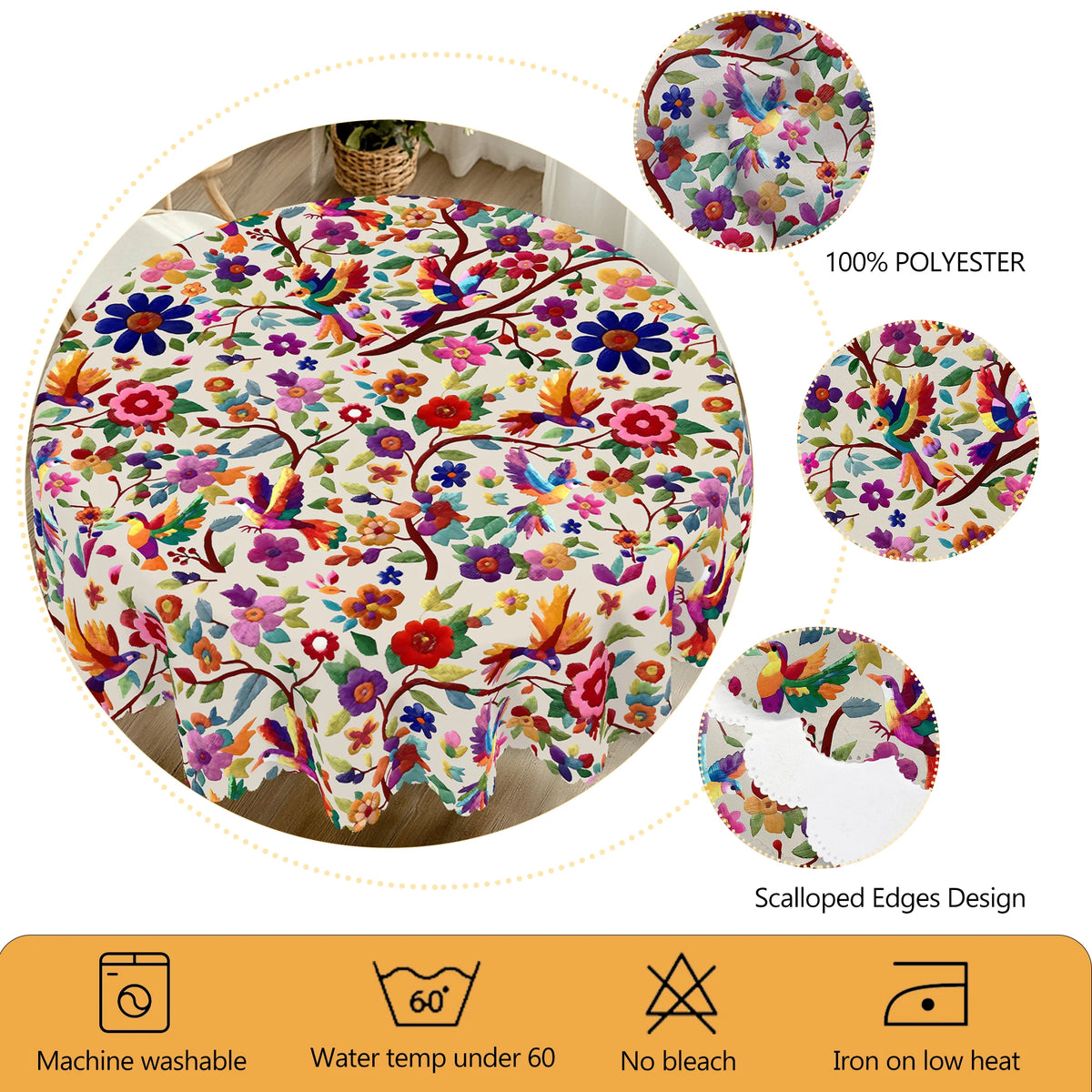 nappe multicolore ethnique fleurs oiseaux bordure dentelée imperméable extérieur mariage fête 152x220cm