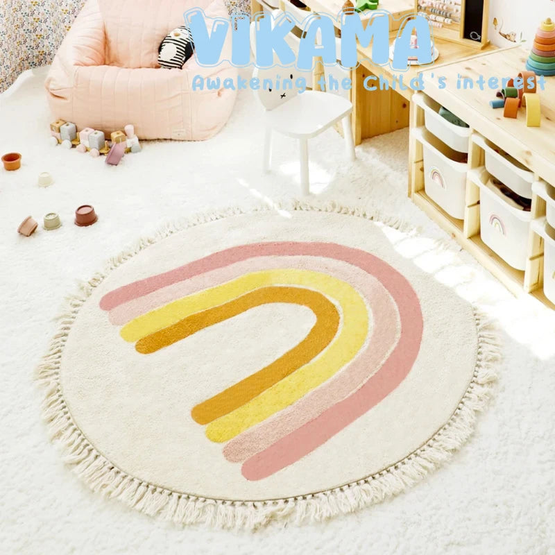 tapis rond acrylique anti slip arc ciel franges moderne couleurs vives chambre coucher