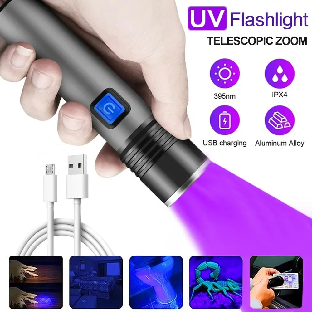 lampe torche uv rechargeable led gris noir 5w zoomable certifications ccc fcc rohs ul
