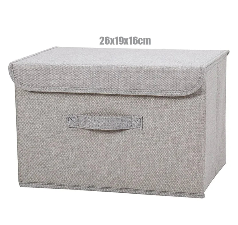 boîte rangement pliable tissu lin gris beige couvercle poignées vêtements