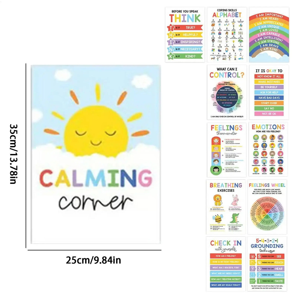 affiches pédagogiques multicolores graphiques adhésives émotions classes enfants 25x35cm 12 pièces éducatives illustrations variées