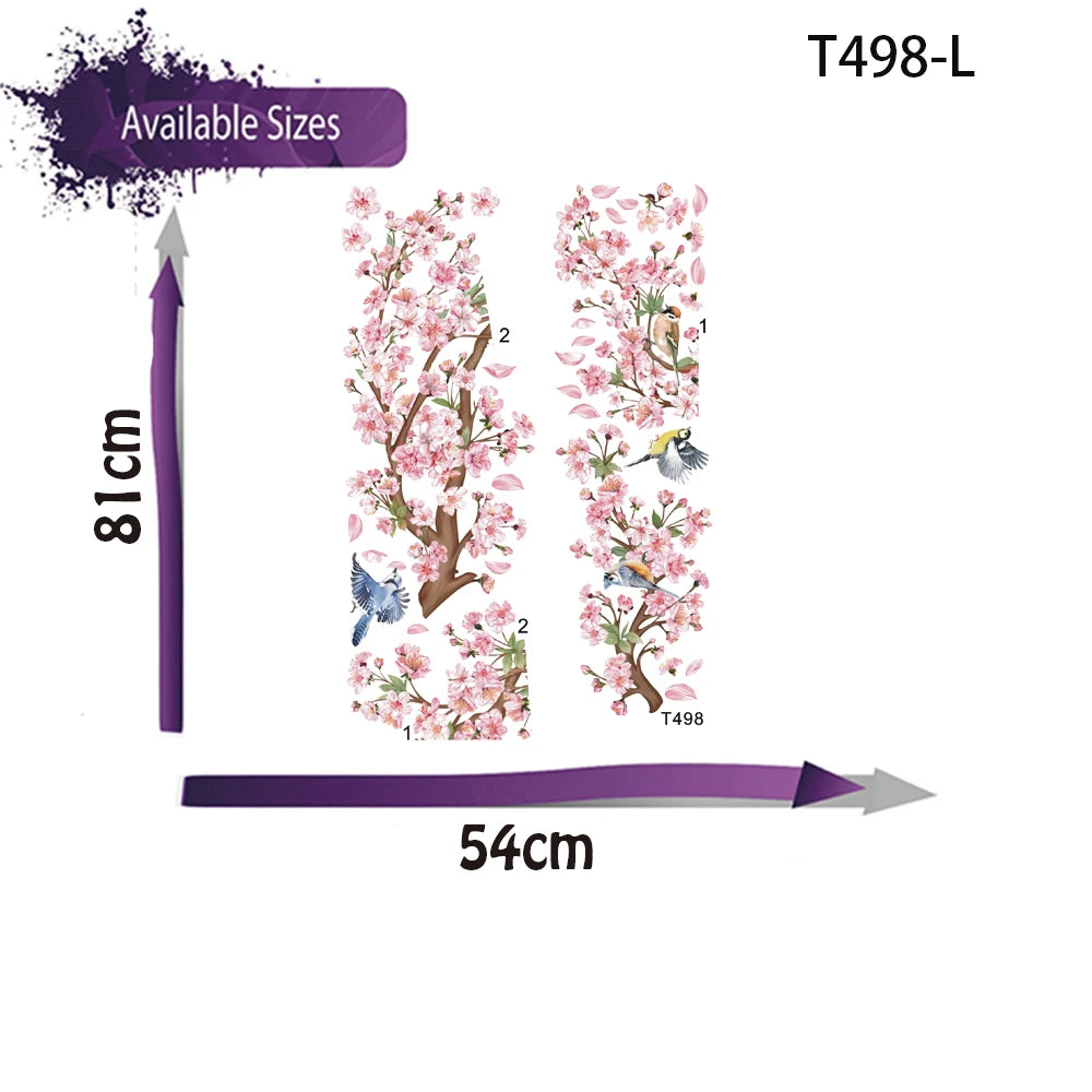 sticker mural arbre fleur cerisier rose oiseaux feuilles naturel chambre salon kitchen