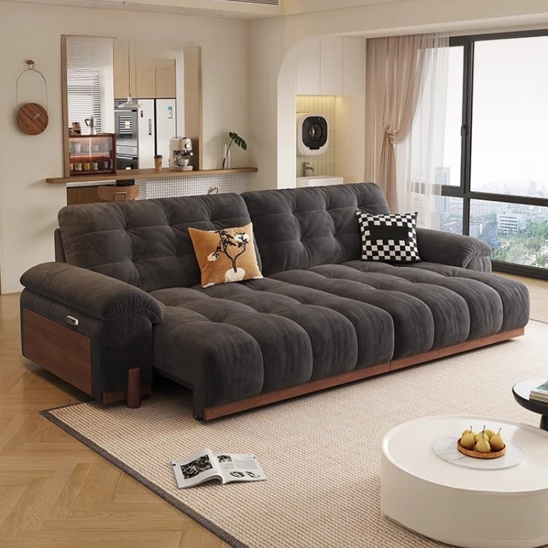 canapé lit moderne velours beige gris oreillers 216cm 92cm 115cm bois remplissage éponge