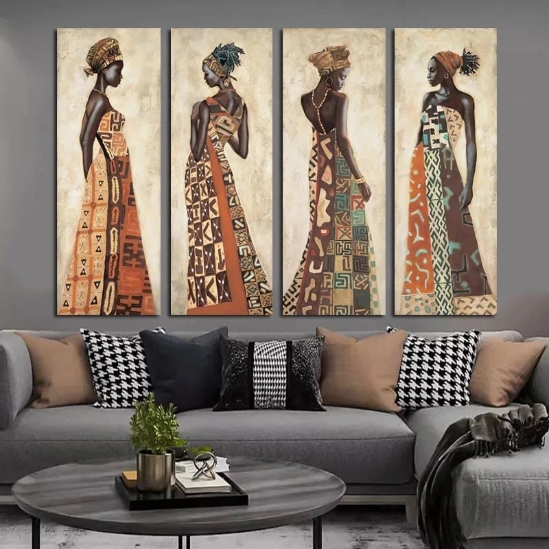 toile d'art contemporain ethnique motifs géométriques orangé noir salon decoration vertical canvas