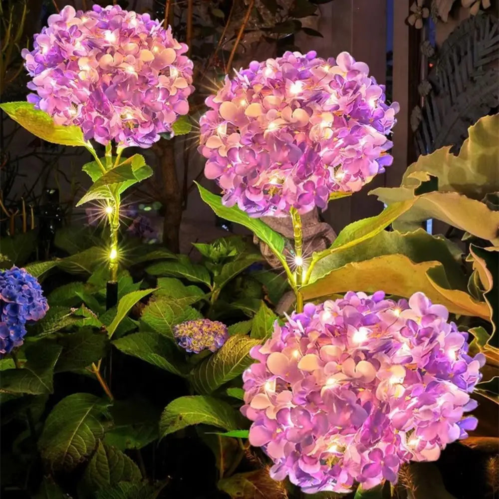 fleurs artificielles lumineuses hortensia bleu rose violet feuilles vertes moderne décoration extérieure panneau solaire