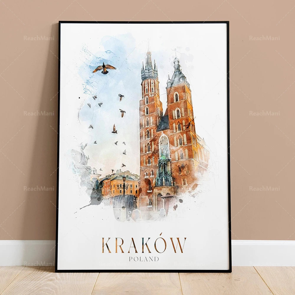 Cette belle illustration représente la célèbre ville historique de Cracovie, en Pologne, avec ses tours d'église caractéristiques et son architecture distinctive, accompagnée d'un vol d'oiseaux dans le ciel.