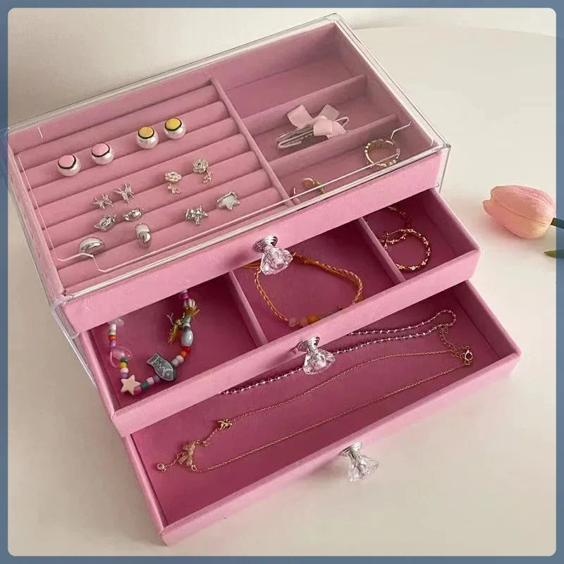 boîte rangement bijoux velours transparent moderne tiroirs respectueux environnement rose gris élégant