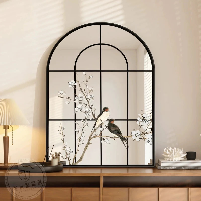 miroir mural noir branches fleuries oiseaux classique suspendu opaque 30x40cm 60x80cm 90x120cm