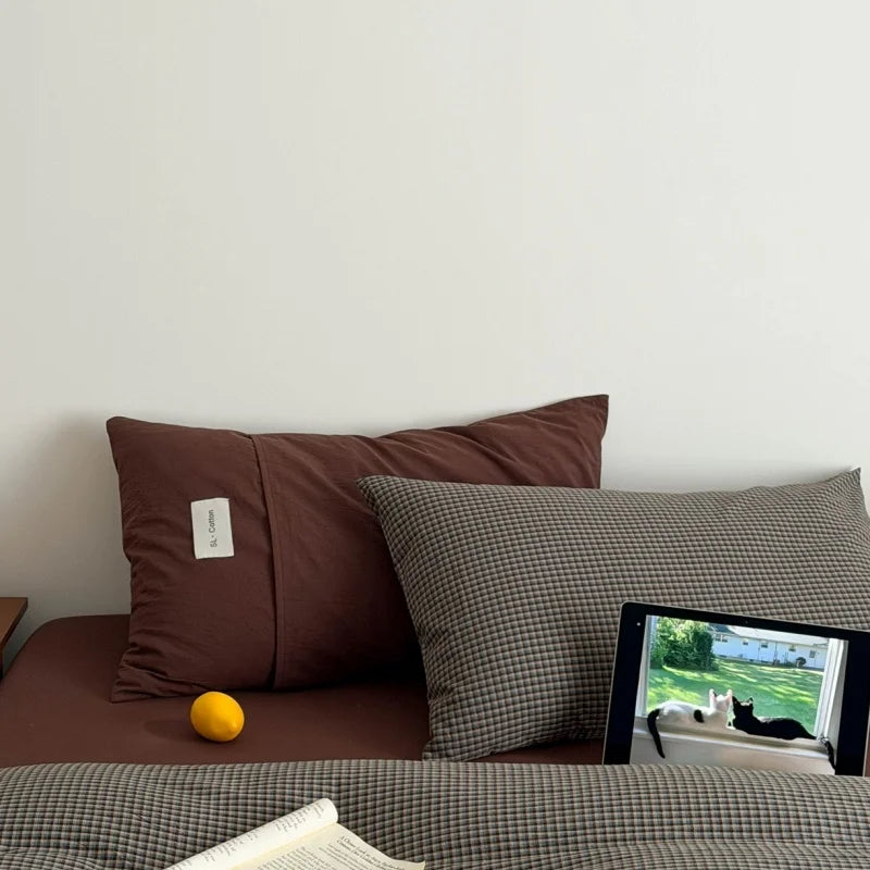 housses couette coton lavé carreaux marron clair foncé moderne 220x240cm 3pcs 200x230cm 3pcs 150x200cm