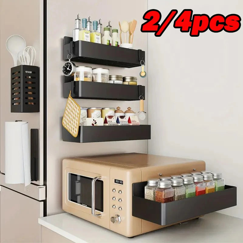 étagères magnétiques noires modernes rangement réfrigérateur cuisine pots épices ustensiles boîtes carton électroménagers