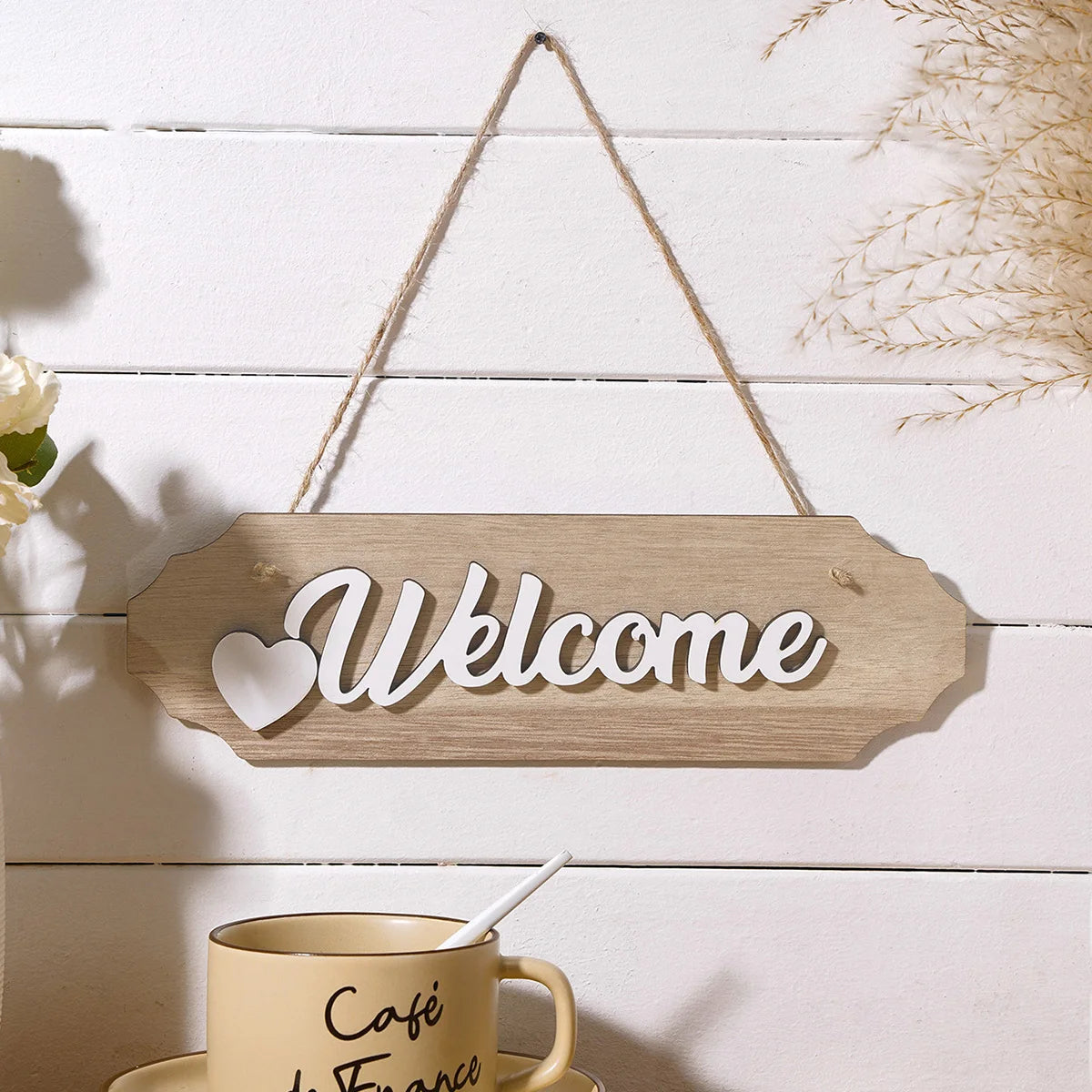 panneau decoratif bois naturel blanc moderne rectangle accroche mur decoration bienvenue cœur classique