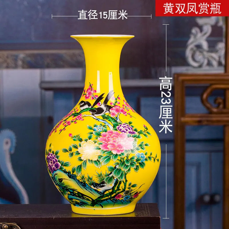 vase porcelaine traditionnel fleurs oiseaux jaune rouge bleu maison