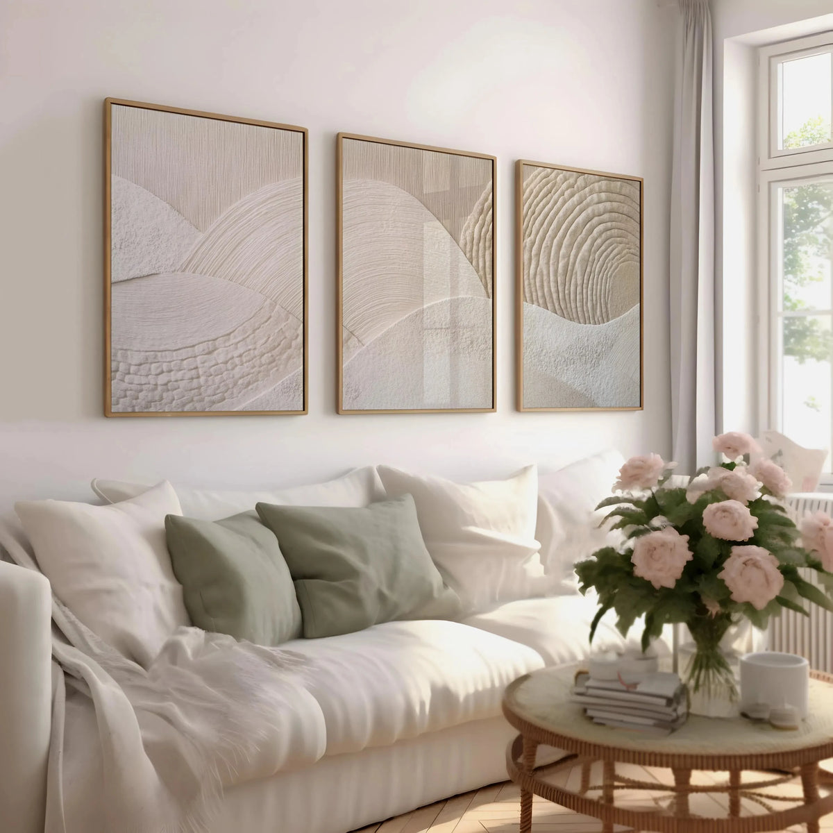 tableaux abstraits contemporains beige blanc lignes ondulées sans cadre salon chambre