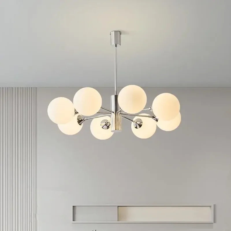 lustre suspension moderne chrome boules verre translucide luminaire salon salle manger blanc