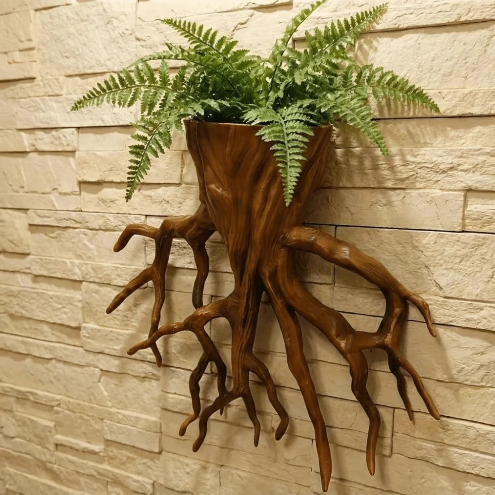 pot fleurs mural forme tronc arbre racines apparentes imitation bois texture rugueuse naturel rustique