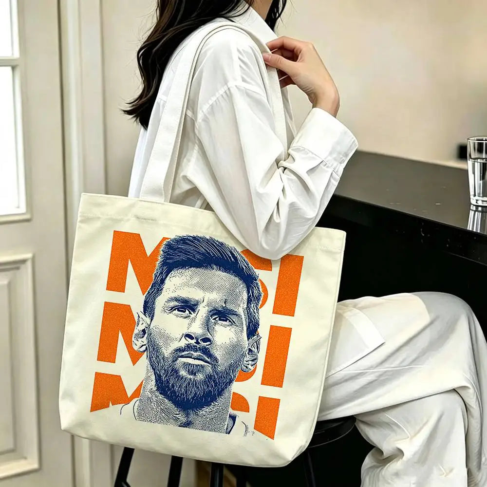 sac main blanc bleu clair rayures messi 10 polyestère réutilisable moderne graphique poignées détachables