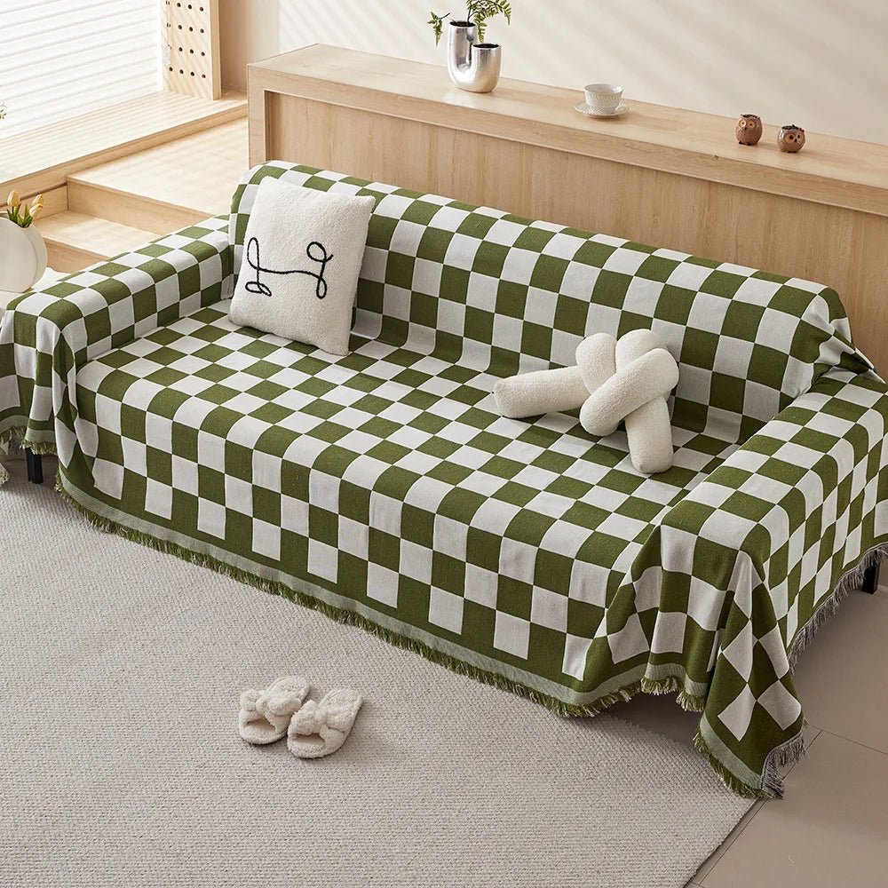 housse canapé moderne carreaux géométriques noir blanc vert olive coton polyester extérieur accueil