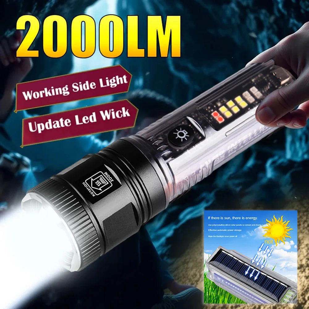 lampe torche led puissante rechargeable panneau solaire intégré lumière intense résistante chocs auto défense