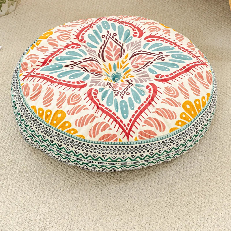coussin rond boho chic motifs floraux géométriques antidérapant polyester blanc bleu