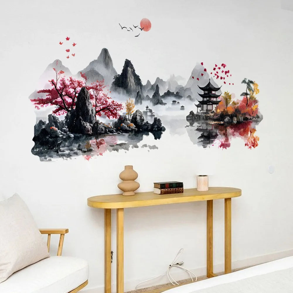 sticker mural paysage oriental adhésif noir gris rouge moderne décoration intérieure chambre salonpaque