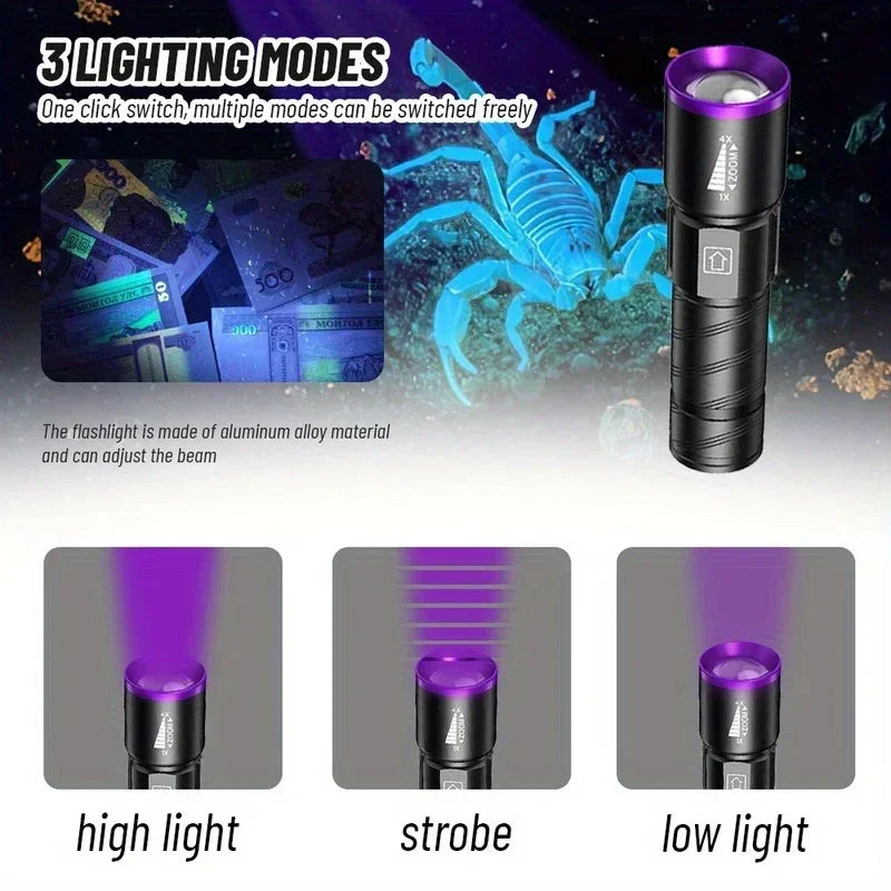 lampe torche uv led 395 365nm zoomable mini ultraviolet moderne noire violette