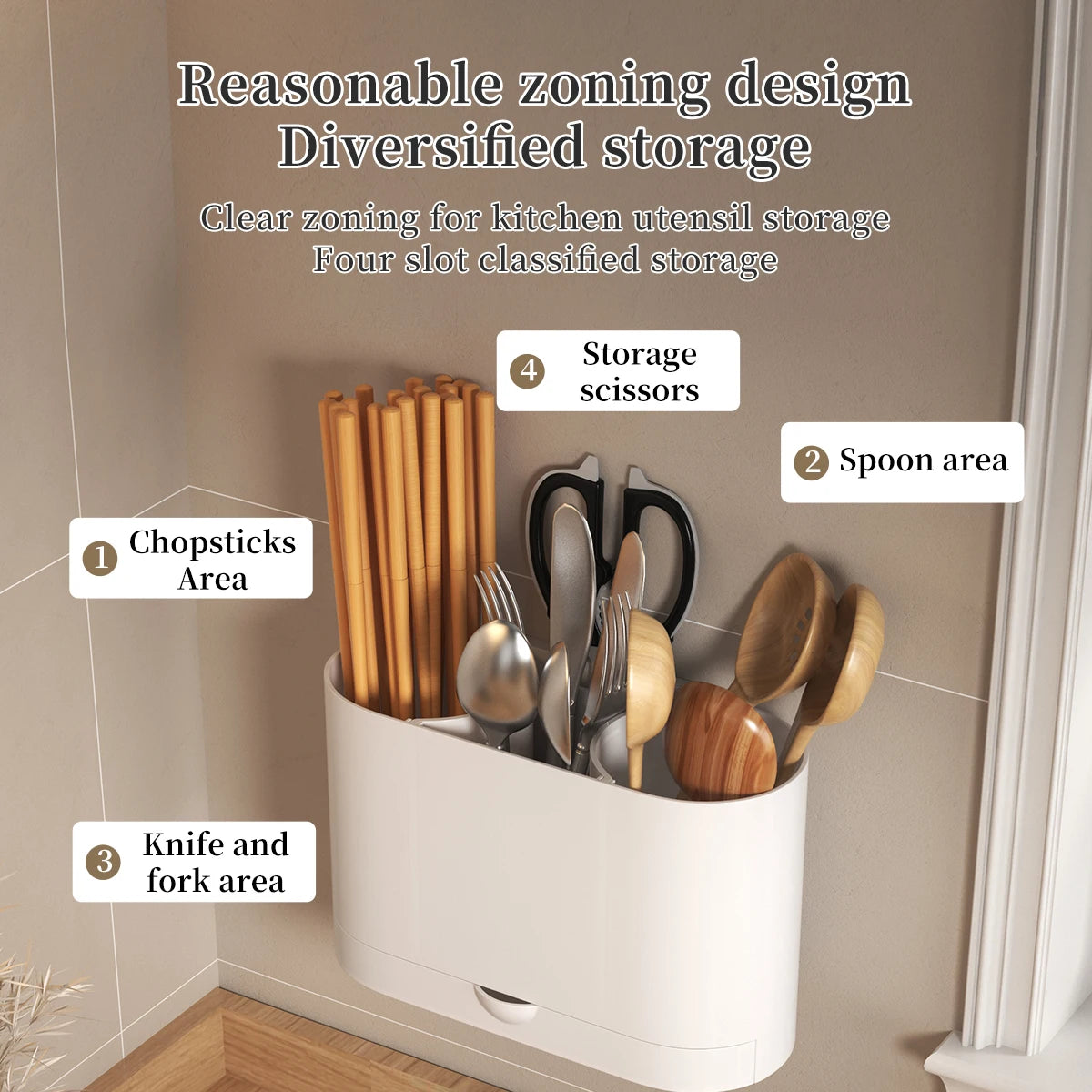 rangement moderne porte couverts mural adhésif noir blanc pratique cuisine ustensiles organisation minimaliste
