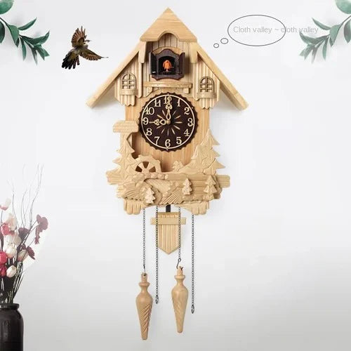 pendule bois sculpté chalet horloge murale quartz arbres cheminée rustiqueDecorationSalonCadeauTraditionnel