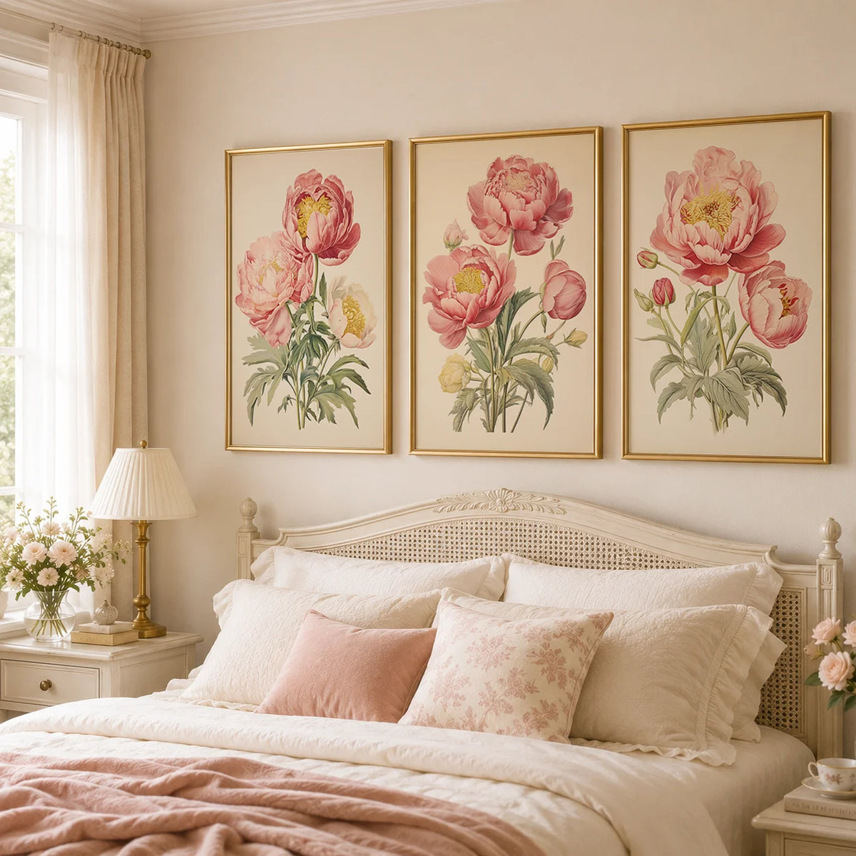 toile imprimée pivoine rose vintage décoration murale chambre salon illustration florale moderne