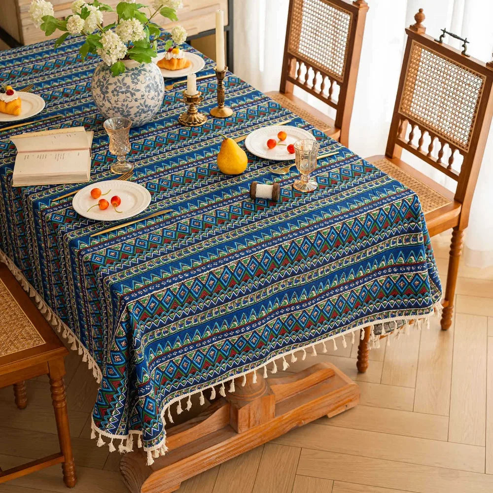 nappe table rectangulaire ethnique imperméable réutilisable coton polyester motifs géométriques tassels