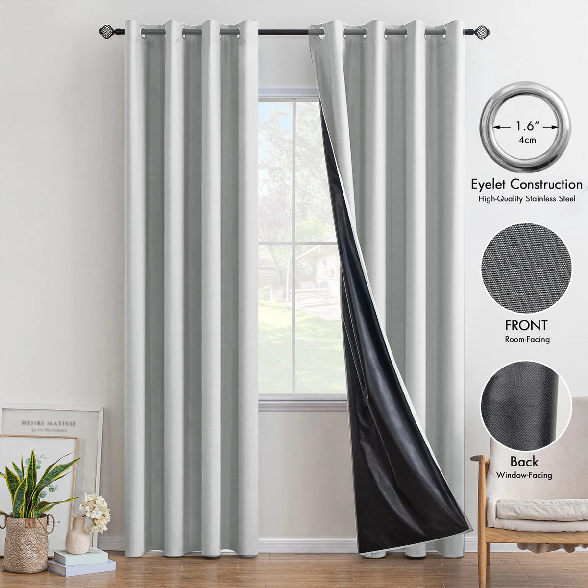 rideaux modernes uni polyester opaques gris noir beige anneaux métalliques chambre hospitalière