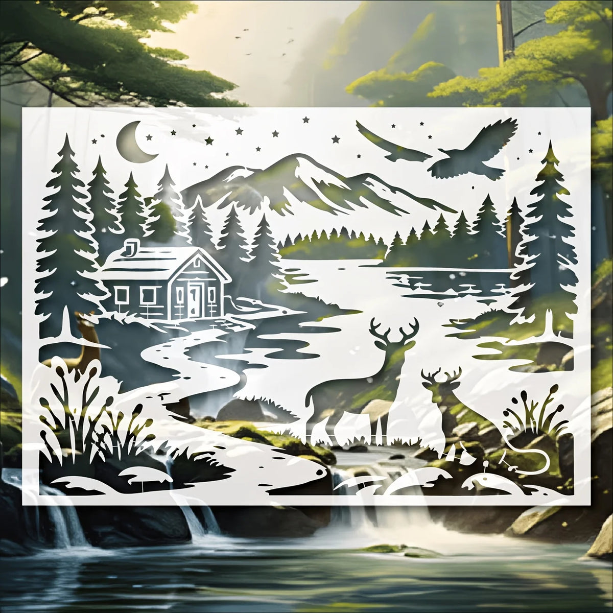 tableaux papier découpé paysages naturels animaux maison cerfs oiseau montagnes arbres opaque coloriage