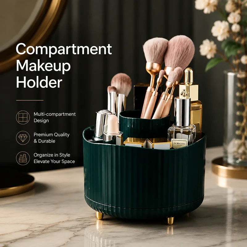 organisateur maquillage rotatif vert foncé blanc rayures modernes pinceaux produits cosmétiques pieds dorés