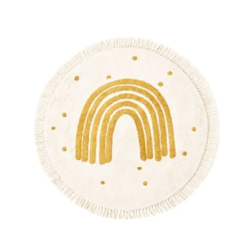 tapis rond moderne arc ciel doré franges blanches coussins décoratifs chambre enfant salon beige