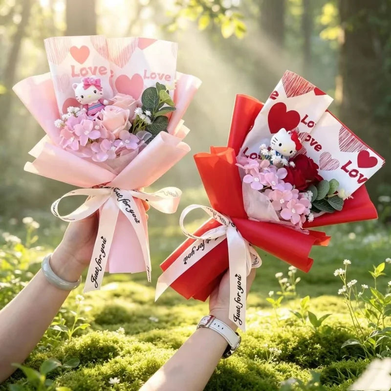 bouquet fleurs artificielles rose blanches hello kitty coeurs romantique décoration intérieur anniversaire mariage