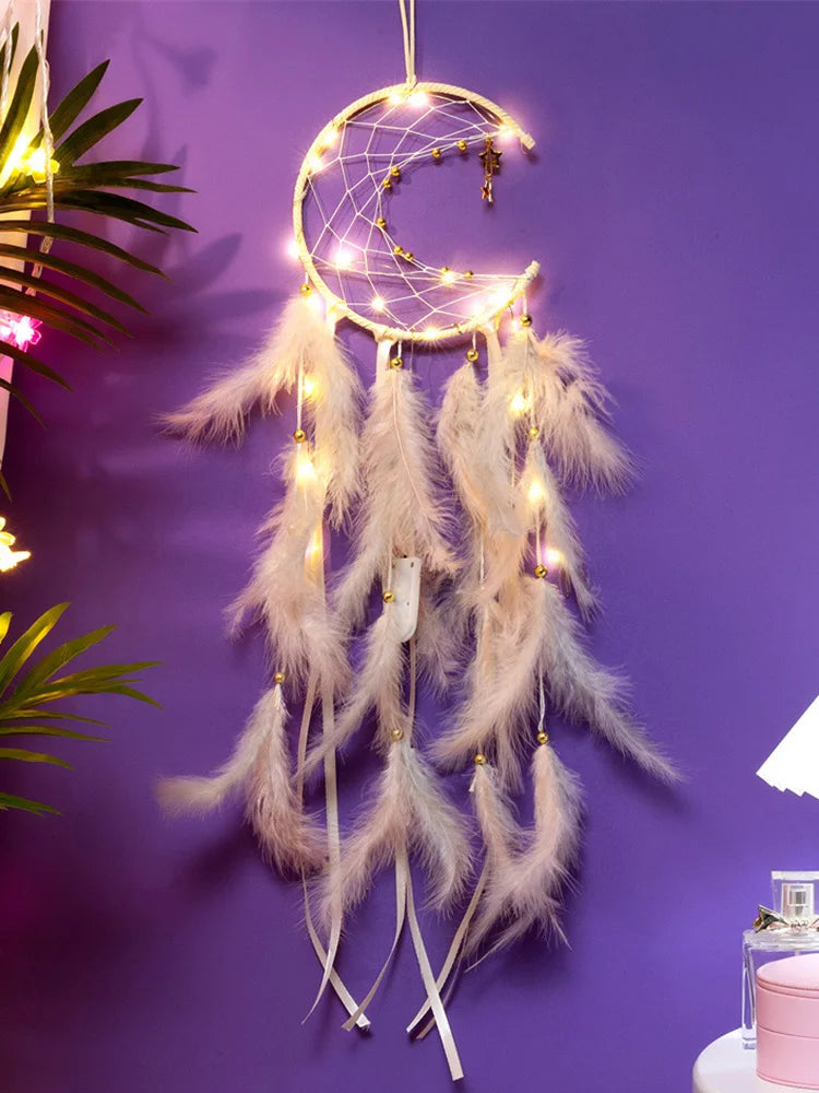 attrape rêves plumes lune boho rose bleu blanc décoratif chambre fil suspendu