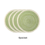 tapis rond moderne franges blanches placemats tissés beige clair assiettes vaisselle
