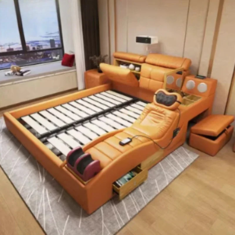lit multifonctionnel simili cuir orange gris moderne tapis oreillers tablette rangement télécommande