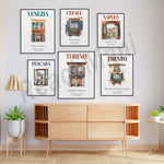 Cette image présente une collection d'affiches vintage mettant en valeur différentes villes italiennes telles que Venise, Cefalu, Naples, Pescara, Turin et Trente, offrant une ambiance de voyage et d'exploration à travers ces destinations.