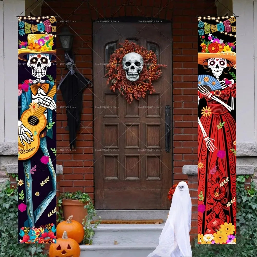 bannières décoratives halloween squelettes motifs floraux guirlandes colorées métalliques opaques festive macabre
