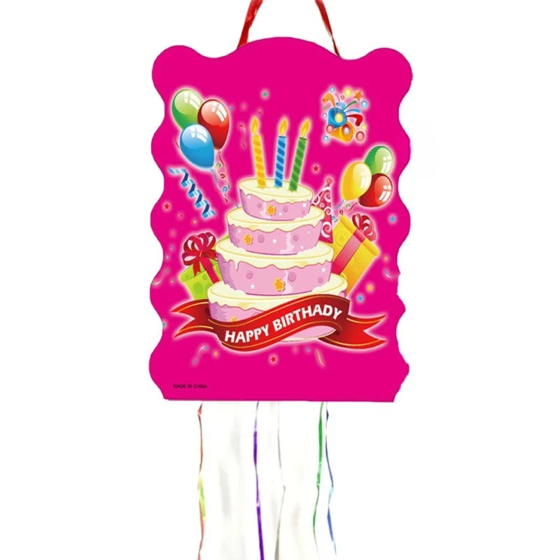 piñata anniversaire rose gâteau bougies ballons cadeaux confettis ruban rouge festive