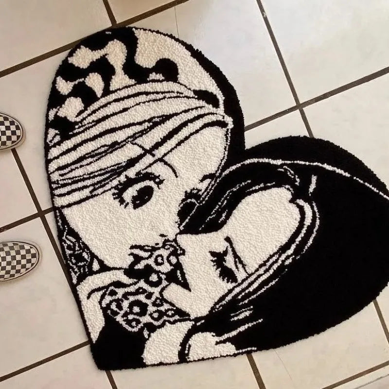 tapis noir blanc dessin animé femme fleur réaliste chambre bain antidérapant coton japonais