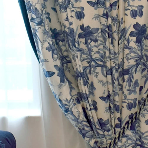 rideau occultant bleu blanc motif fleurs papillons classique salon chambre fenêtre maison