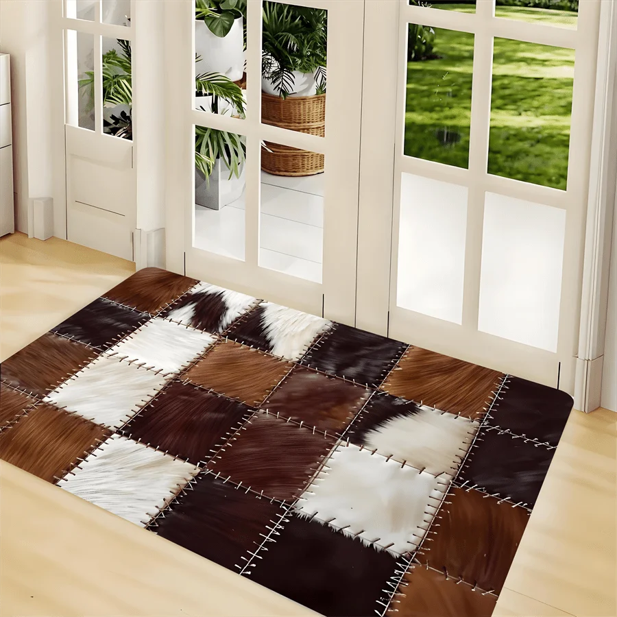 tapis marron blanc patchwork imitation cuir antidérapant moderne rustique intérieur cuisine salle bain