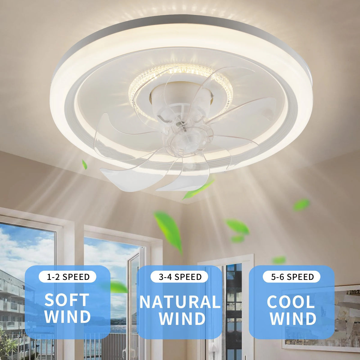ventilateur moderne blanc 360 degree rotatif led télécommande lumière variable