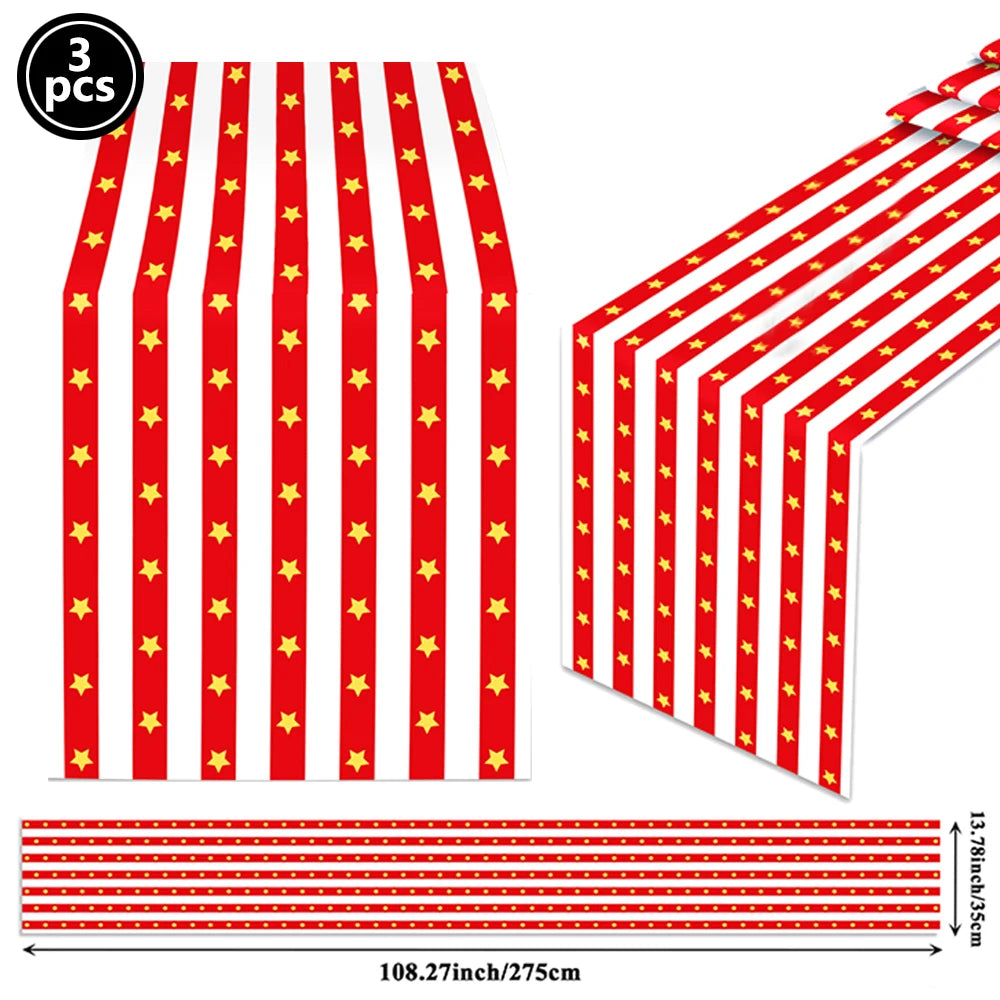 nappes jetables festives rayures rouge blanche étoiles dorées anniversaire carnaval cirque decoration table