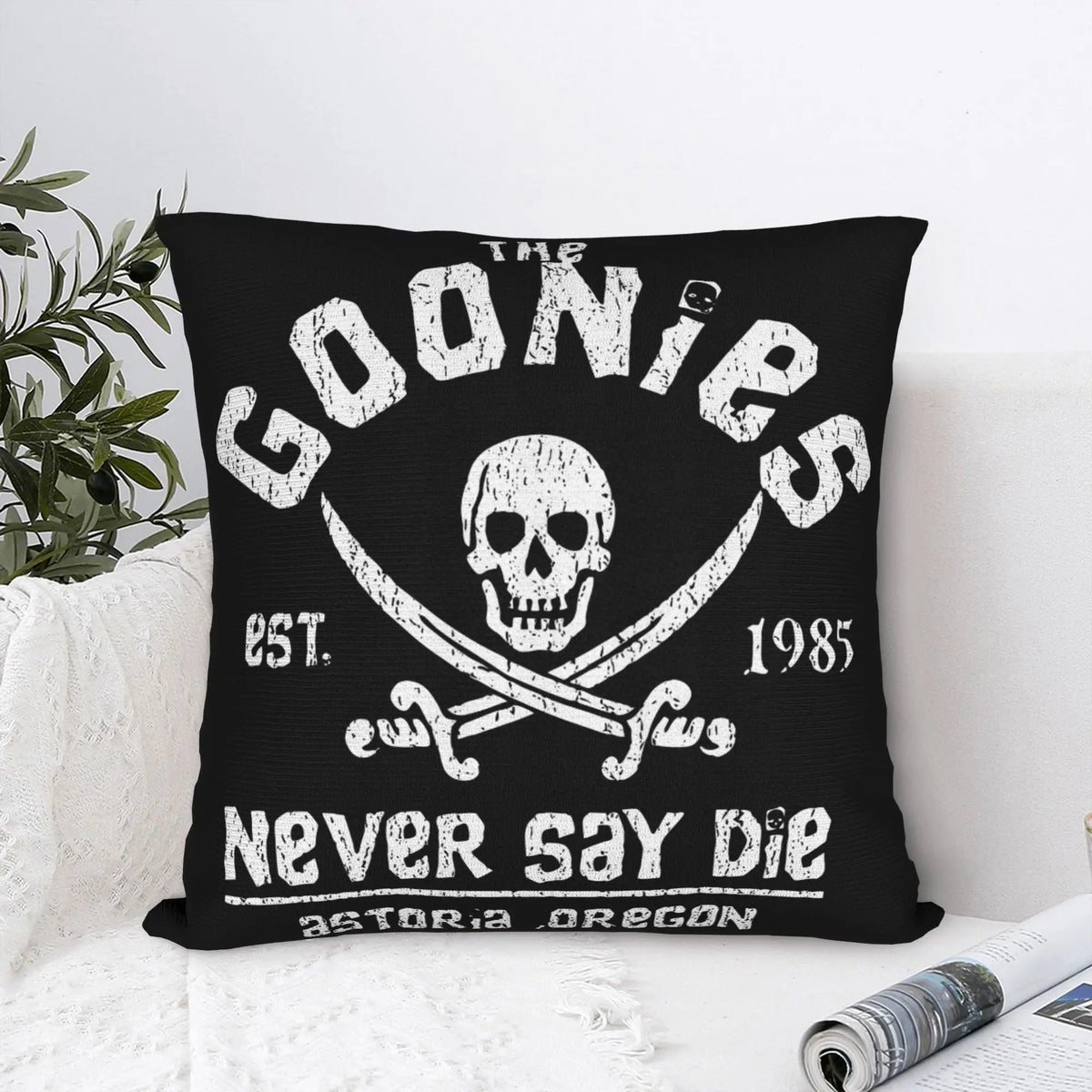 taie d'oreiller crâne goonies sabres vintage noir zip invisible 18x18in polyester lit
